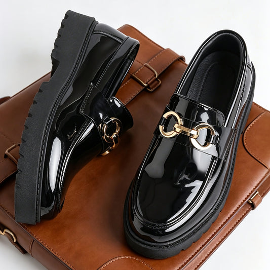 Men's British Style Slip-On Loafers with Metal Buckle, Rubber Sole