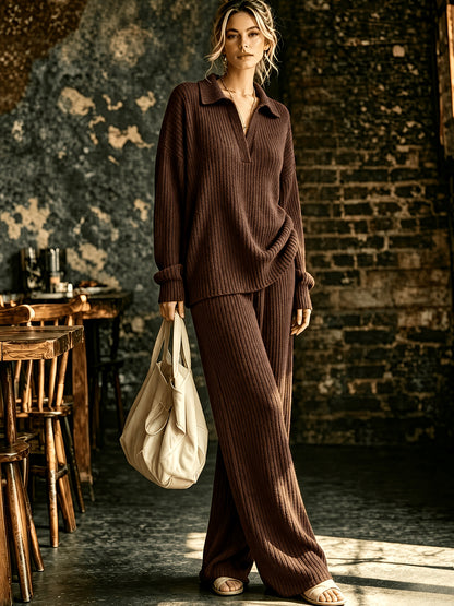 Women's Solid Color V-Neck Long Sleeve Top & Pants Set