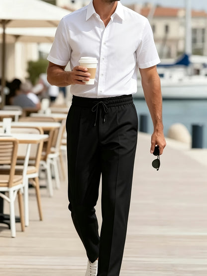 Men's Casual Lapel Short Sleeve Shirt & Elastic Waist Trousers Set