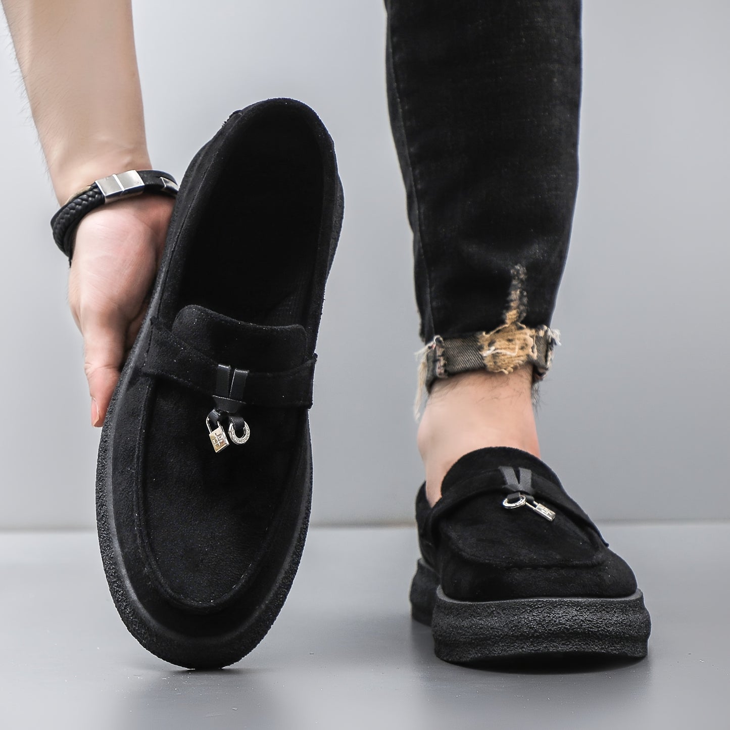 Men's Platform Casual Loafers with Metal Pendant Slip-On Shoes