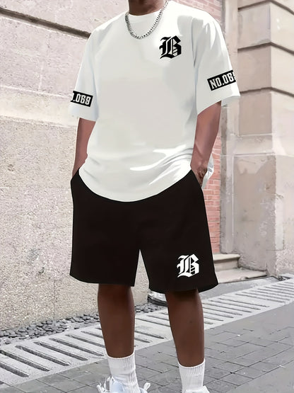 Men's Casual T-Shirt and Shorts Set with Bold "B" Print - Polyester Knit Fabric, Machine Washable, Summer Streetwear, Perfect for Outdoor Activities and Comfortable Leisure Wear