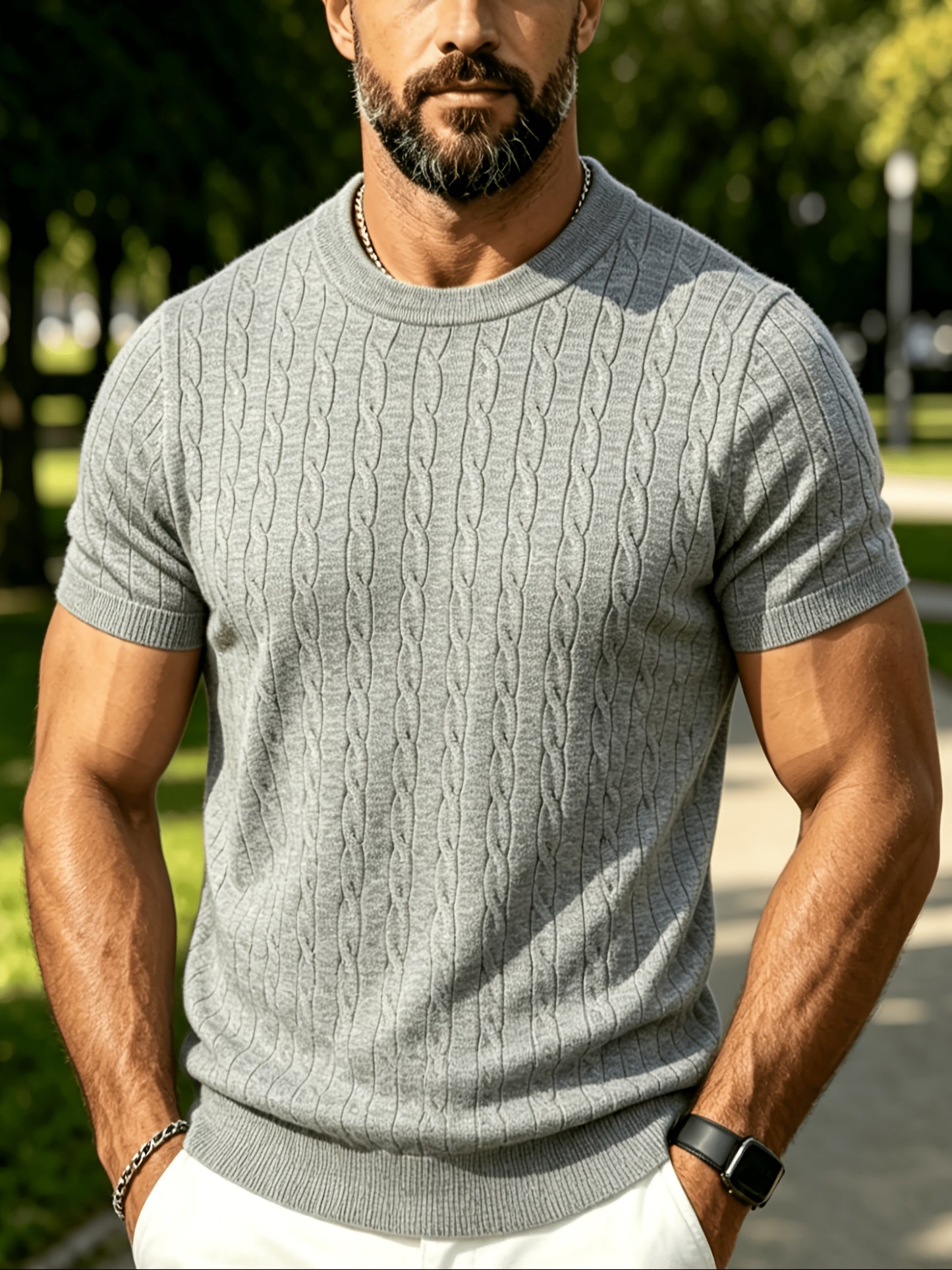 Men's Summer Short Sleeve Knit Sweater Shirt - Vintage Cable Crew Neck
