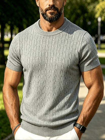 Men's Summer Short Sleeve Knit Sweater Shirt - Vintage Cable Crew Neck