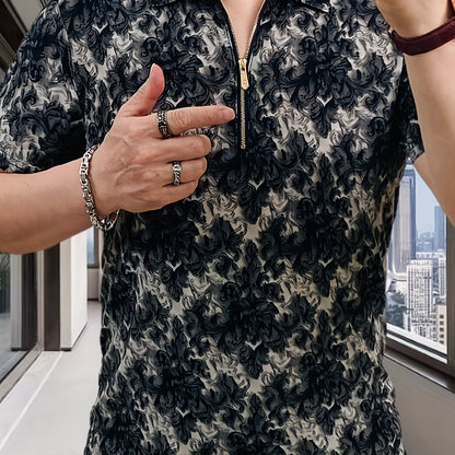Men's Short Sleeve Shirt with Zipper Front - Black  White Floral Print Summer Casual T-Shirt, Breathable Stand Collar, Regular Fit for Casual Attire, Easy Care Fabric