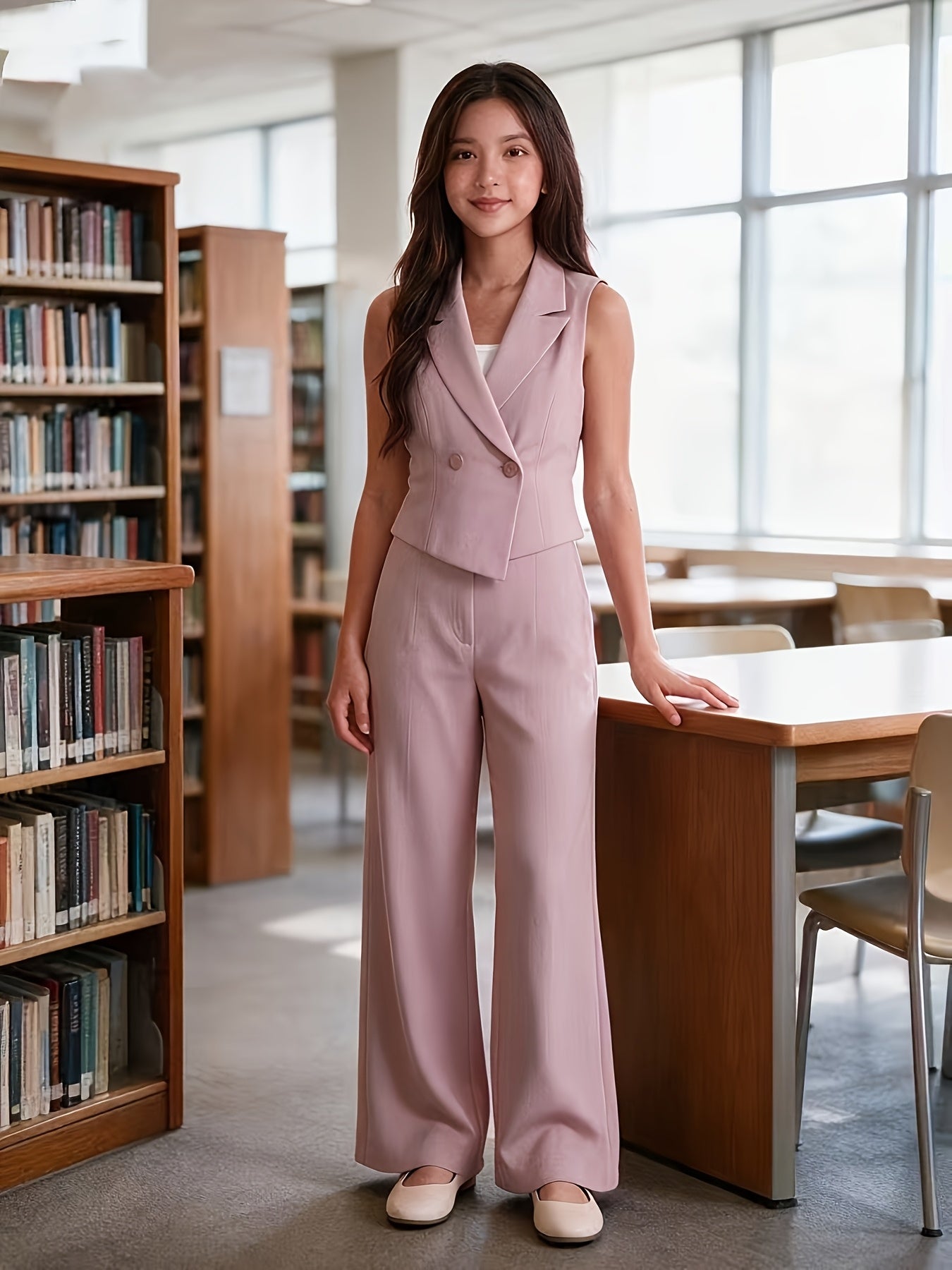 Preppy Vest & Wide-Leg Pants Set for Teen Girls, Navy & Lavender