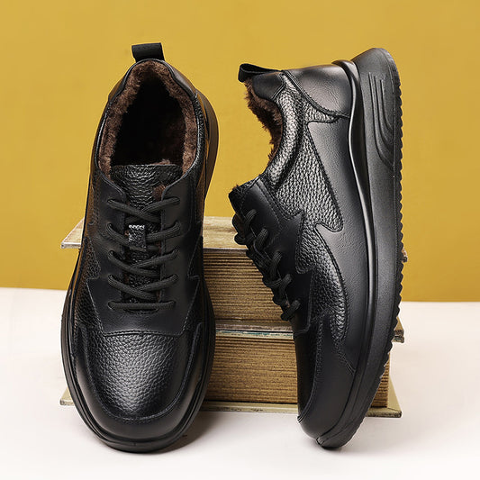 Men's Winter Warm Sneakers - Genuine Upper, Soft Sole & Wavy Stitching - Low-Top Lace-Up Casual Sneakers Suitable for Streetwear, Outdoor & Weather - Comfortable Winter Footwear