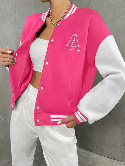Women'S Casual Long Sleeve Baseball Jacket with "A" Letter Detail - Black & Beige Two-Tone Design, Button-Up Front, Flap Pockets, Fall/Winter Fashion Outerwear, Autumn Winter Apparel | Buttonup Jacket | Functional Pockets