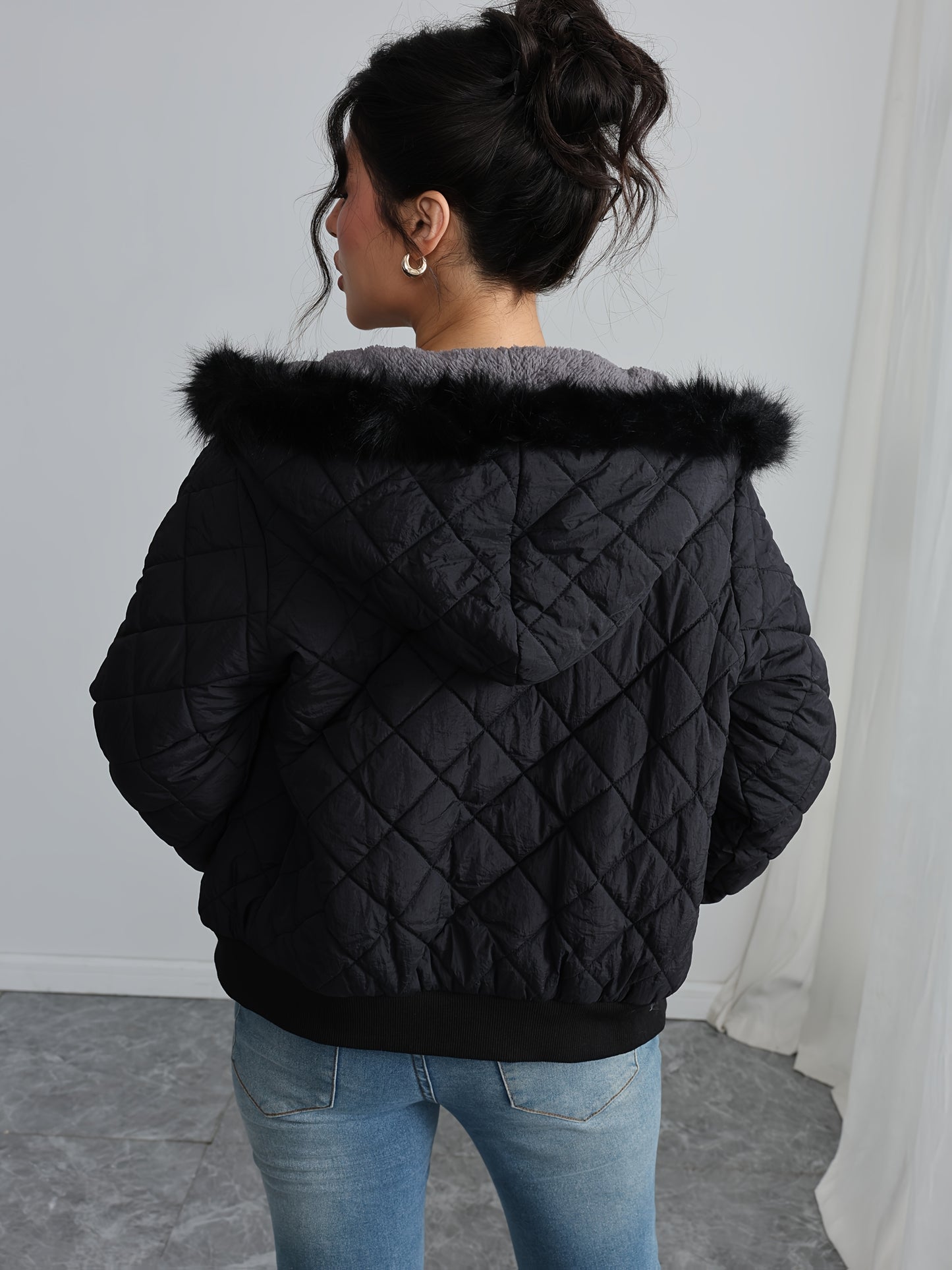 Women'S Cozy Fleece-Lined Hooded Jacket - Casual Long Sleeve, Solid Color, Regular Fit, Long Sleeve, Zip-Up, Casual Style, Casual Outerwear, Winter Jacket