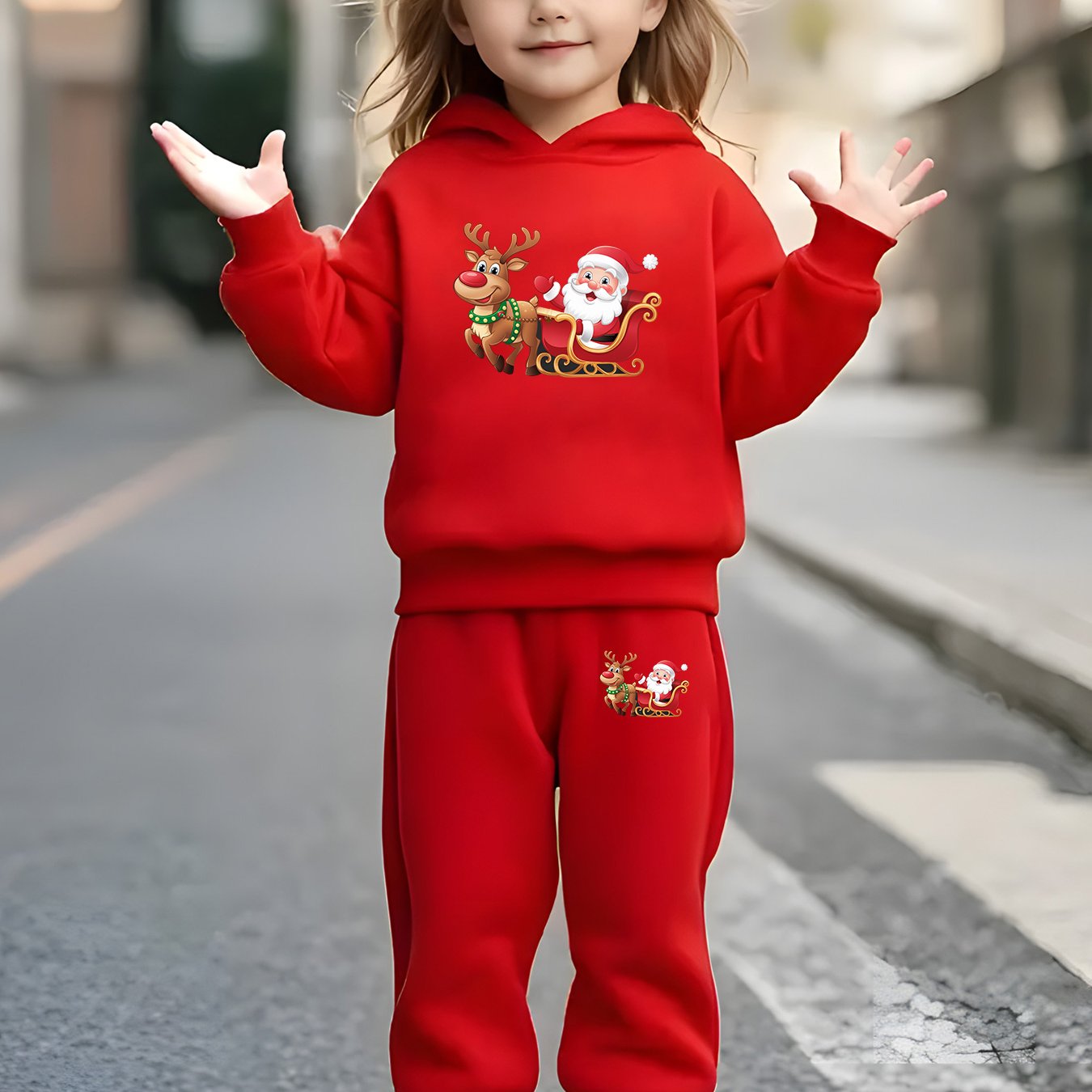 2pcs Girls & Boys Winter Warm Pink Hoodie & Pants Set - Bright Pink Christmas & New Year Outfit with Santa Reindeer Snowman Print, Elastic Waist Matching Sweatsuit for Kids 6-12 Years (Height 120-160cm), Boys & Girls Clothing