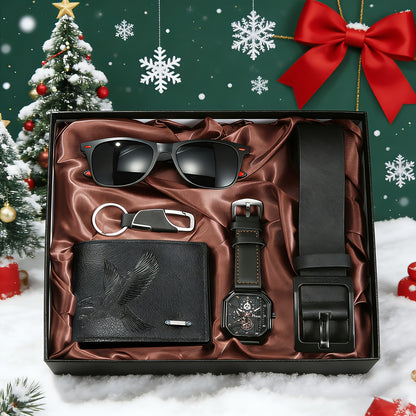 5pcs Men'S Fashionable Gift Set | Glasses, Wallet, Keychain, Watch, Belt in - Perfect for Daily Street Wear, Commuting, or as a Stylish Gift for Boyfriend'S Birthday, Father'S Day, Christmas