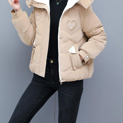 Women's Winter Hooded Jacket - Stylish Beige & White Zip-Up Coat with Heart Design, Warm Polyester Outerwear for Casual or Chic Looks, Winter Jacket