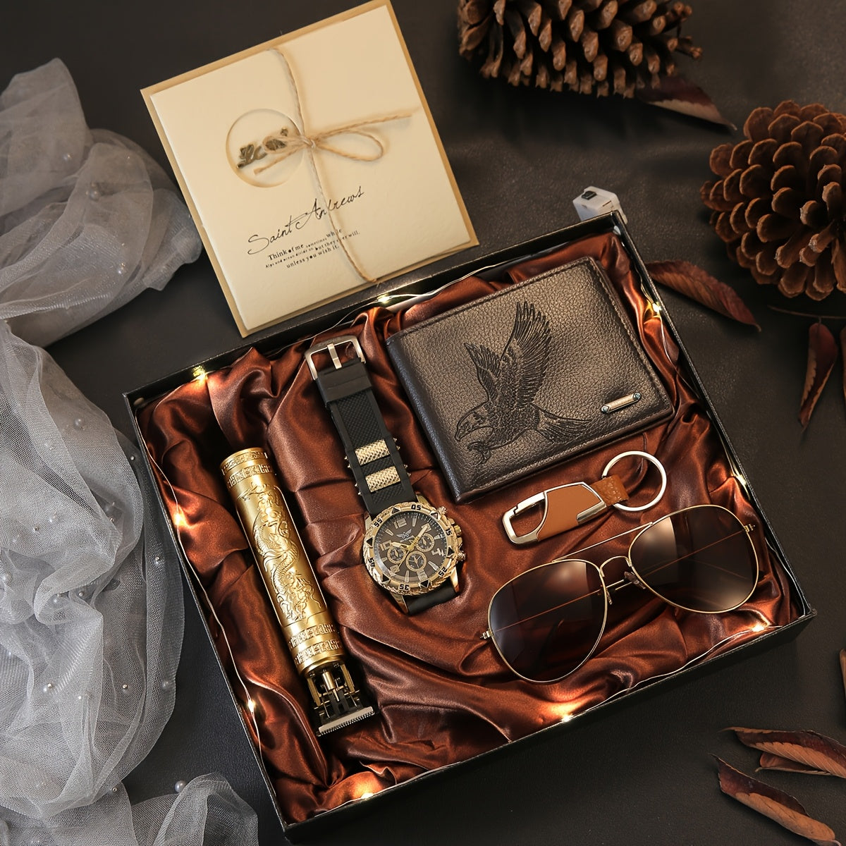 Stylish Men's luxury 7pcs business temperament watch gift box set, including hair clipper wallet Fashion Glasses etc., perfect party gift for holiday giving