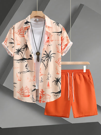 Men's Orange Casual Summer Shirt and Shorts Set