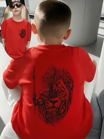 Boys' Cotton T-Shirt with Lion Warrior Print - Casual Summer Top