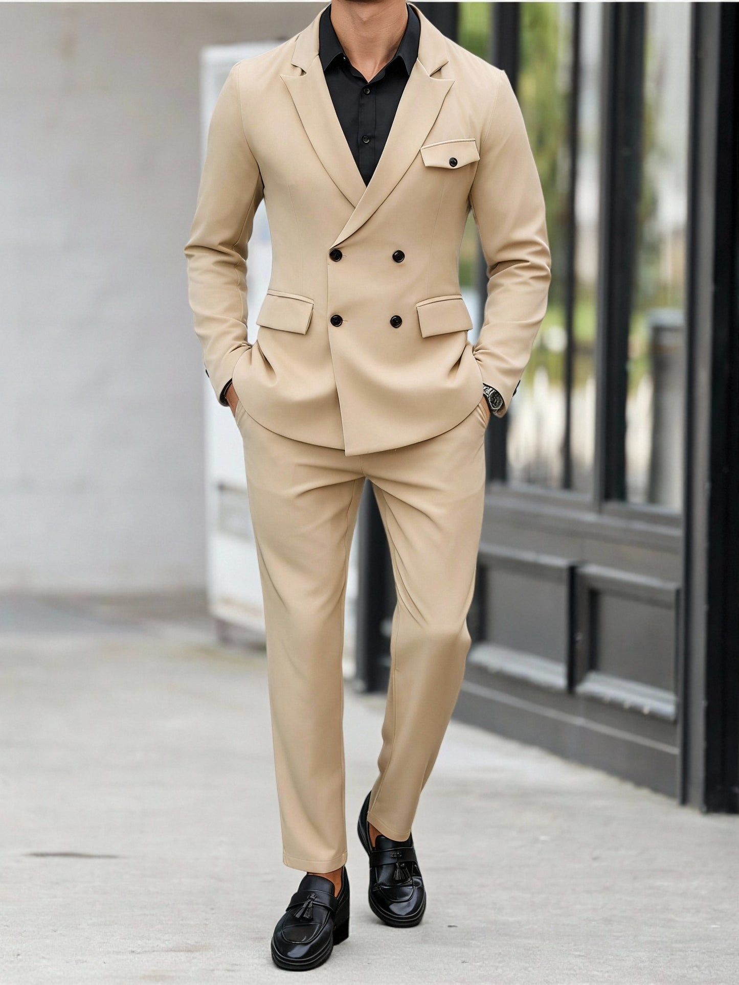 Men's Lapel Collar Casual Suit Set with Trousers