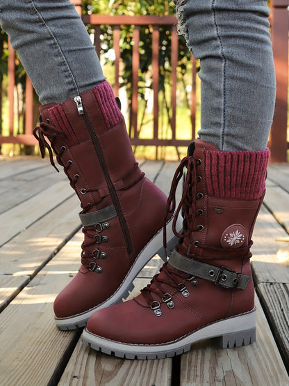 Women'S Comfortable Knitted Mid-Calf Winter Boots - Anti-Slip Side Zipper Lace-Up Design, Thick Sole, Fleece-Lined Retro Style in Black/Brown/Beige/Red/White for Casual Wear, Women Cowboy Boots, Women Winter Boots, Women Autu