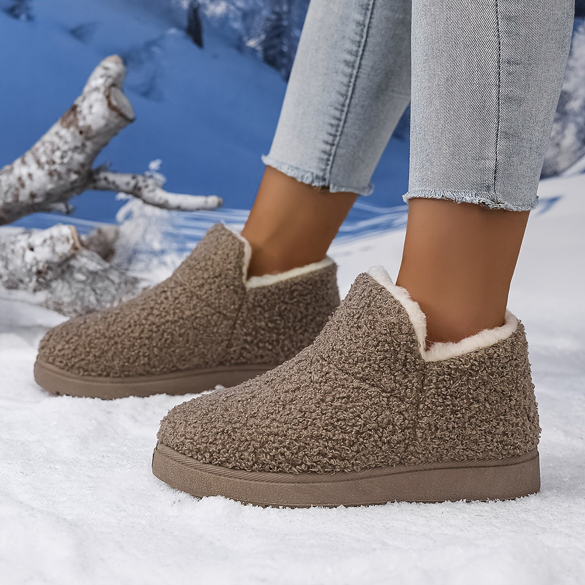 Women'S Plush Winter Slip-On Ankle Boots - Soft Fleece-Lined Low Heel Casual Shoes, Lightweight & Durable, Perfect for Y Days, Winter Footwear | Slipon Boots | Synthetic Cover Sole