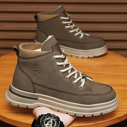Men's Winter Snow Boots with -Like Collar & Thick Ankle - Upper, PVC Traction Tread, Lace-Up Ankle-High Trekking Boots for Ice, Snow, Hiking, - Warm Outdoor & Casual