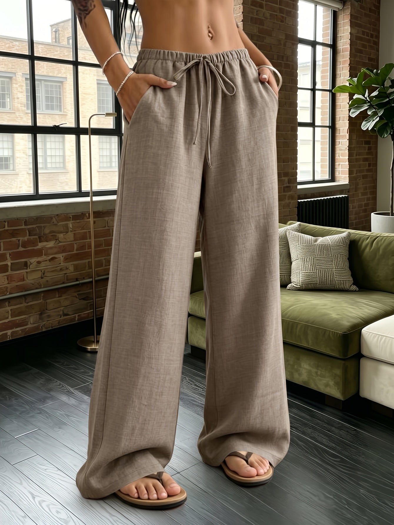 Women's Elegant Wide-Leg Tie-Leg Pants with Pockets