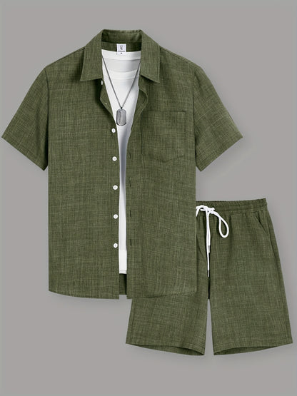 Men's Casual Solid Color Short Sleeve Shirt & Drawstring Shorts Set