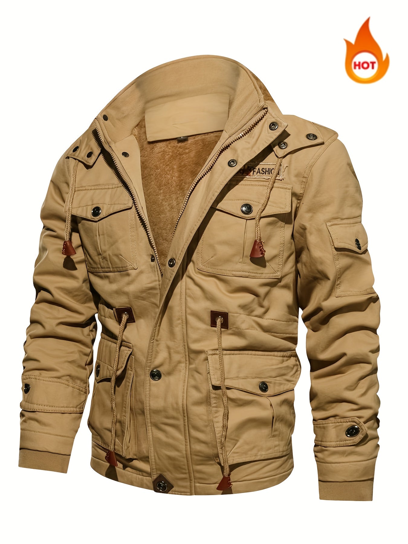 Men'S Winter Fleece-Lined Military-Style Jacket - Thickened Zip-Up Coat with Large Pockets, Olive Green Casual Winter Coat for Outdoor Activities, Winter Coats, Durable Fabric Coat