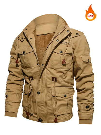 Men'S Winter Fleece-Lined Military-Style Jacket - Thickened Zip-Up Coat with Large Pockets, Olive Green Casual Winter Coat for Outdoor Activities, Winter Coats, Durable Fabric Coat