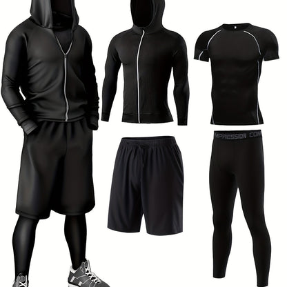 4pcs Athletic Sportswear Set, Polyester 95% Elastane 5% Knit Fabric, All-Season Crew Neck Hoodie, Skinny Fit Solid Color, Breathable Quick-Dry for Running, Fitness, Cycling & Outdoor Activities