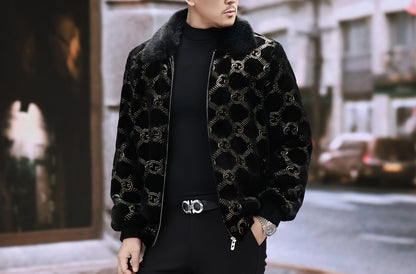 Men'S Winter Faux Fur Jacket | Black & Golden Contrast Design | Notch Lapel Collar | Zippered Closure | Polyester Lining | Stylish & Functional for Formal Occasions, Winter Outerwear | Contrast Color Jacket | Notch Lapel Coll