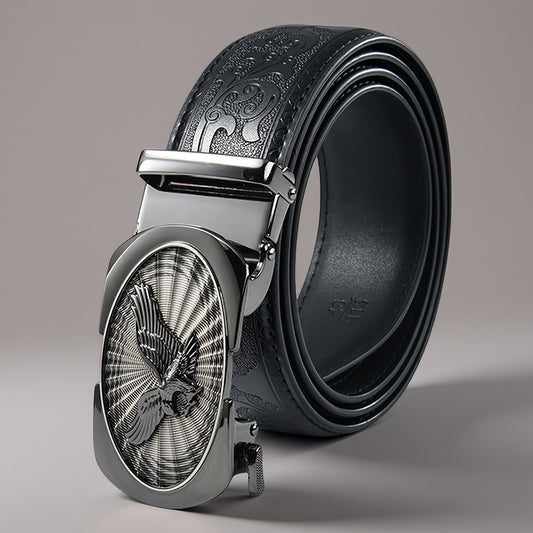 Men's Black Leather Belt with Automatic Buckle - Embossed Eagle Design Business Casual Belt for Office & Formal Occasions, Durable Gift for Father's Day & Business Partners, Sophisticated Detailing