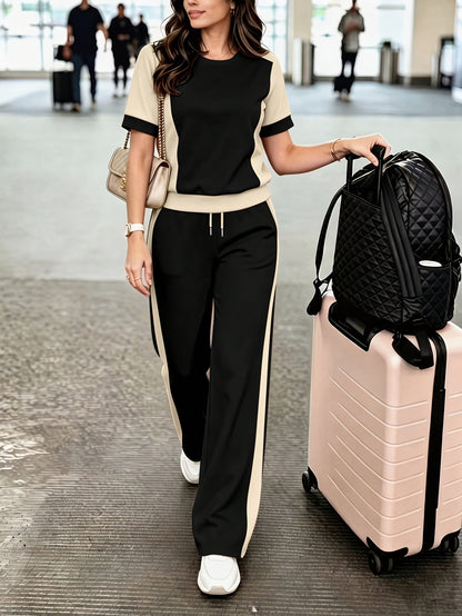 Women's Spring/Summer Color-Block Short Sleeve Top & Wide Pants Set