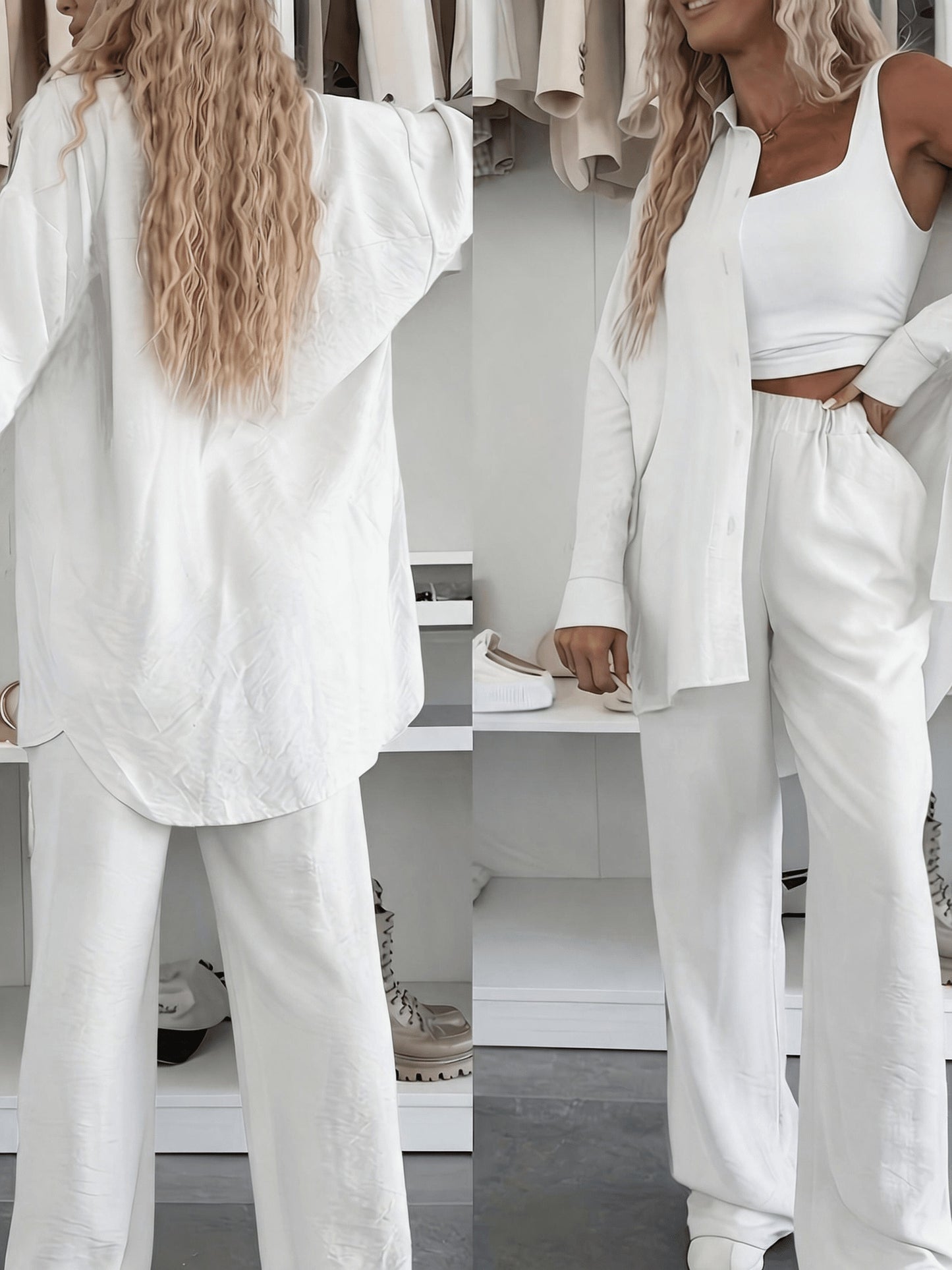 Women's Loose Shirt & Wide-Leg Pants Set - Elegant Polyester