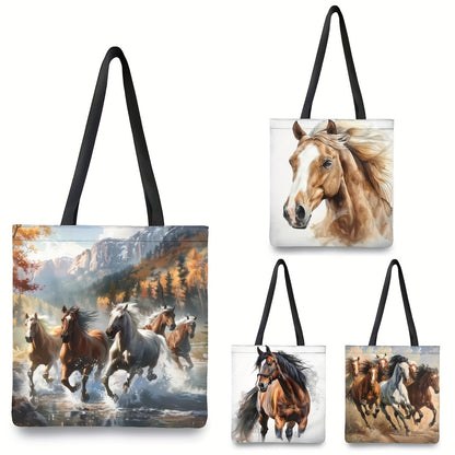 Dynamic Horse Print Handbag - Large Capacity, Durable Polyester Handbag with Fixed Black Strap for Work,, Shopping - 39.98x34.9cm
