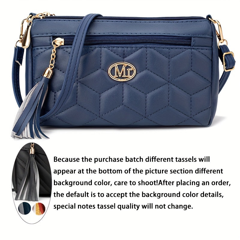 Quilted Women'S Crossbody Bag with Large Capacity, Casual Shoulder Bag Featuring Tassel Decorations, Multiple Zip Openings, And Adjustable Shoulder Strap