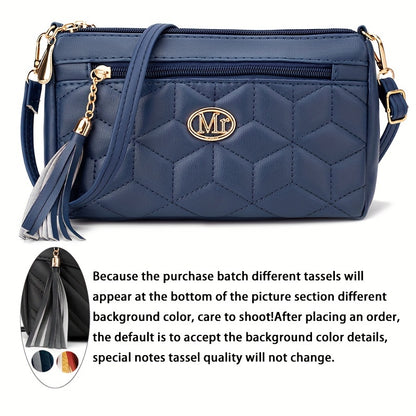 Quilted Women'S Crossbody Bag with Large Capacity, Casual Shoulder Bag Featuring Tassel Decorations, Multiple Zip Openings, And Adjustable Shoulder Strap