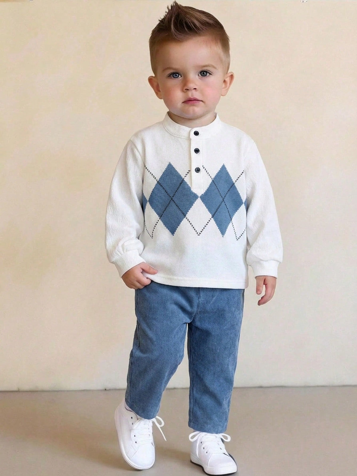 Boys' British Style Rhombus Top & Corduroy Pants Set for Spring - ayq