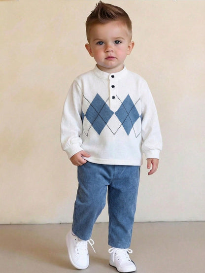Boys' British Style Rhombus Top & Corduroy Pants Set for Spring - ayq