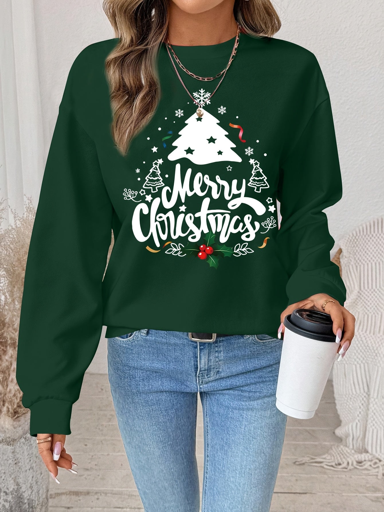 Women's Red Christmas Tree & Lettering Sweater - Cozy Winter Pullover with Round Neck Long Sleeve, Thickened Sweating-Reducing Blouse for Xmas Party Outfits, Family Gatherings (Machine Washable, Autumn/Winter Clothing)