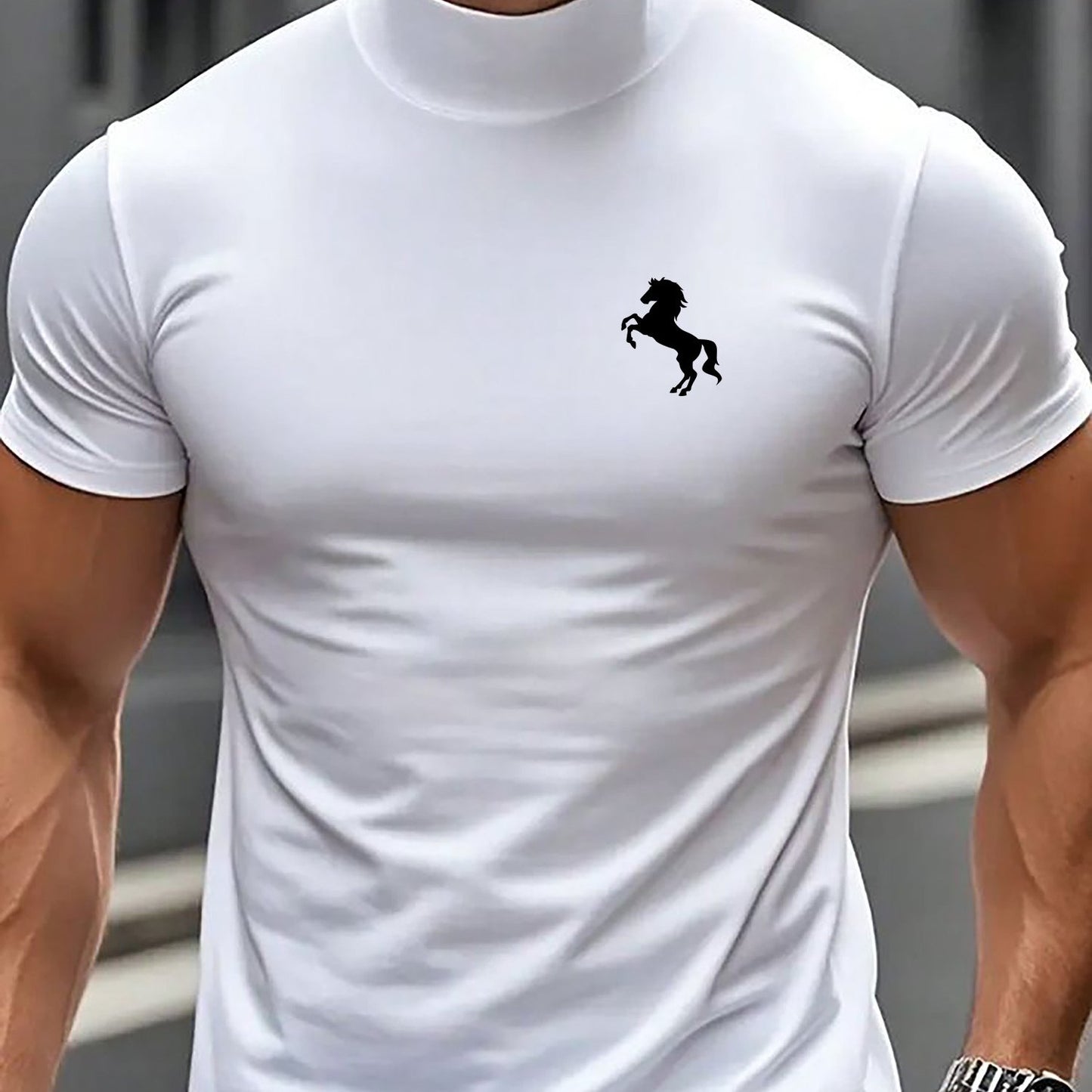 Men'S Casual High Neck Short Sleeve T-Shirt | Fashionable Easy Creative Horse Pattern for Fitness and Running, Medium Stretch Fabric, All-Season Wear - ayq
