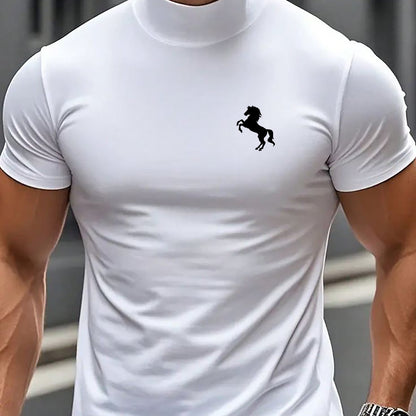 Men'S Casual High Neck Short Sleeve T-Shirt | Fashionable Easy Creative Horse Pattern for Fitness and Running, Medium Stretch Fabric, All-Season Wear - ayq
