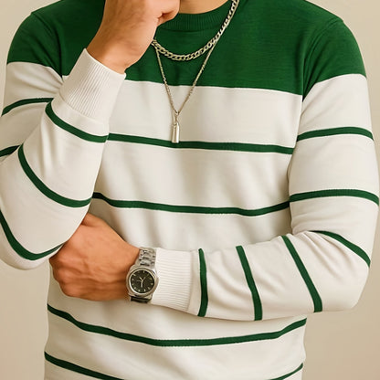 Men'S All-Season Knit Sweater - Soft Stretchy Pullover with Black & Grey Horizontal Stripes, Anti-Pilling Fabric for Everyday & Formal Wear - Year-Round Layering Essential for Office, Casual Outfits, Sweater, Office Attire, C
