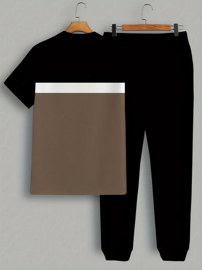 Men'S Polyester Sportswear | Elegant Casual Crew Neck | Slightly Stretchy Knit with Striped 3D Print | Regular Fit Two-Piece Set | Patterned Short Sleeve T-Shirt and Long Pants