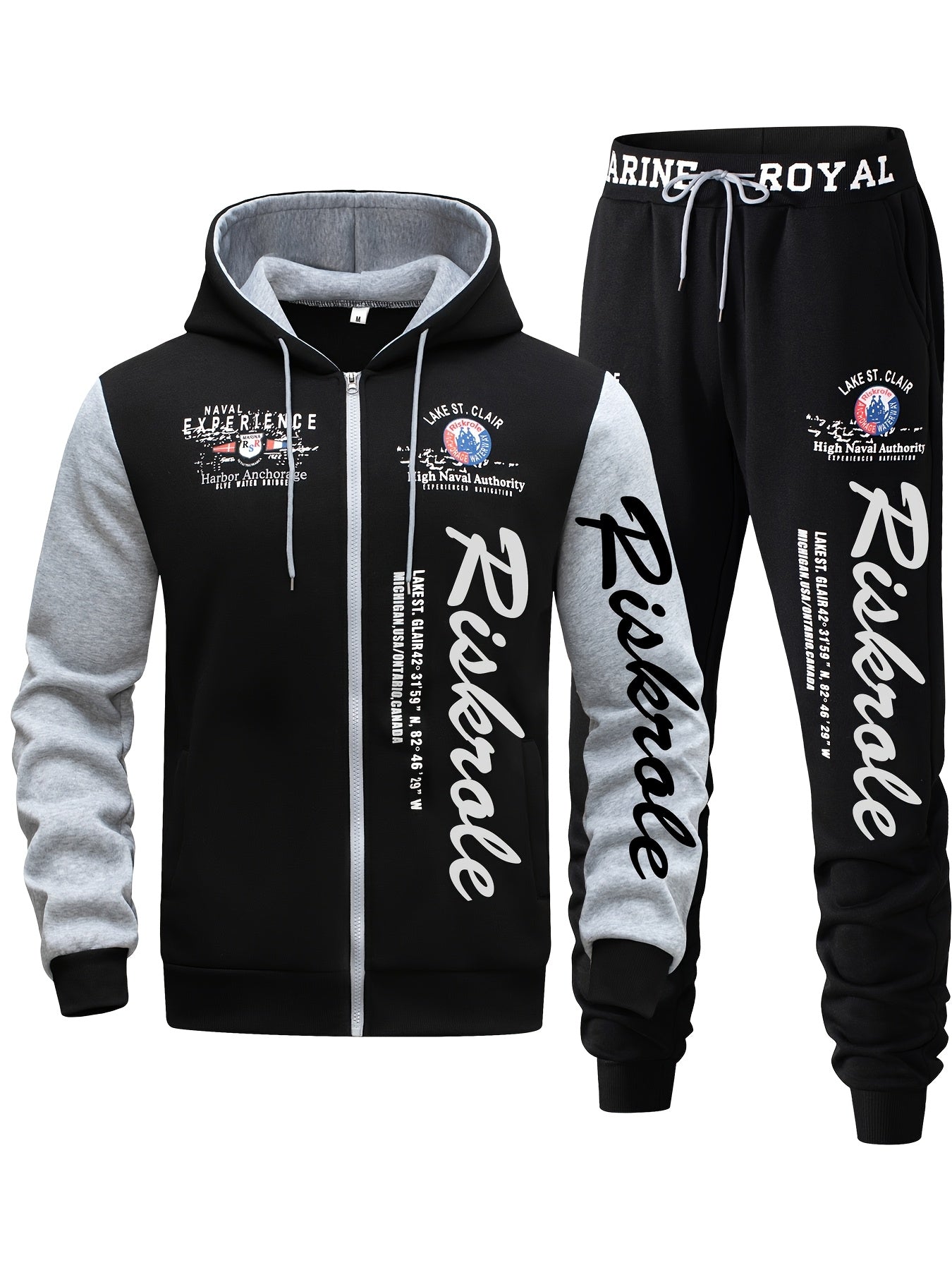 Men's Hooded Letter Print Tracksuit, 2pcs Casual Sports Set, Fashion Hoodie With Full-zip And Elastic-waist Pants, Regular Fit, Outdoor Cloth