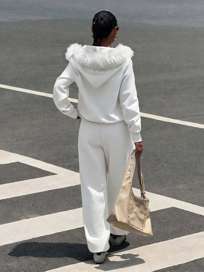 Women's Casual Polyester Hoodie & Wide-Leg Pants Set - ayq