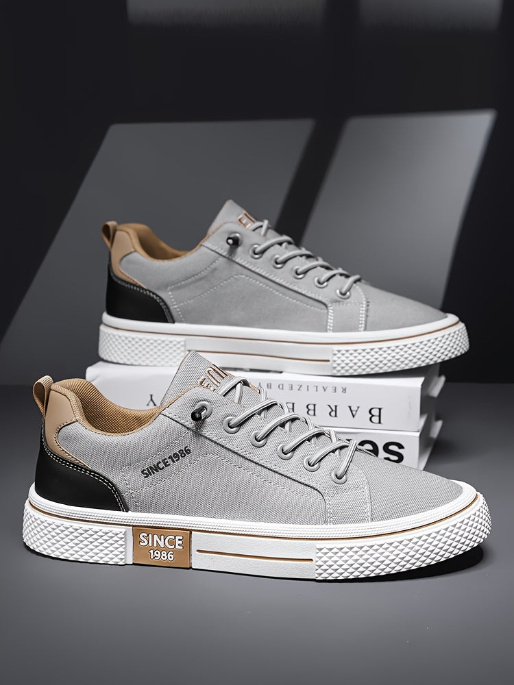 Men's Casual Low-Top Sneakers - Breathable Fabric  Durable PVC Sole, Black  Beige Contrast Design, Lace-Up Round Toe for All-Season Comfort, Versatile for Casual  Semi-Formal Wear, Comfortable Footwear, Fabric Upper