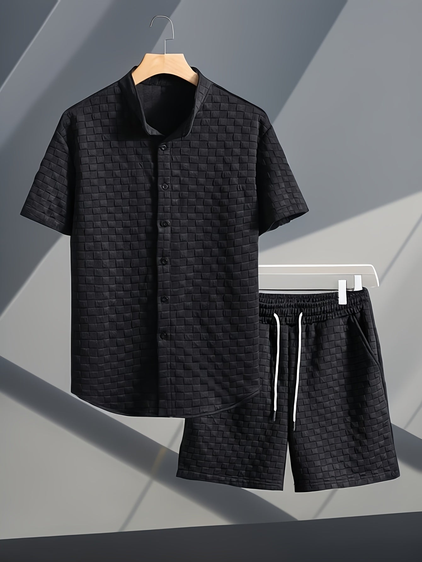 Men's Set Shirt Short Sleeve Shorts Thick Solid Color Knit Jacquard Casual Comfort High-Quality Two-Piece Set