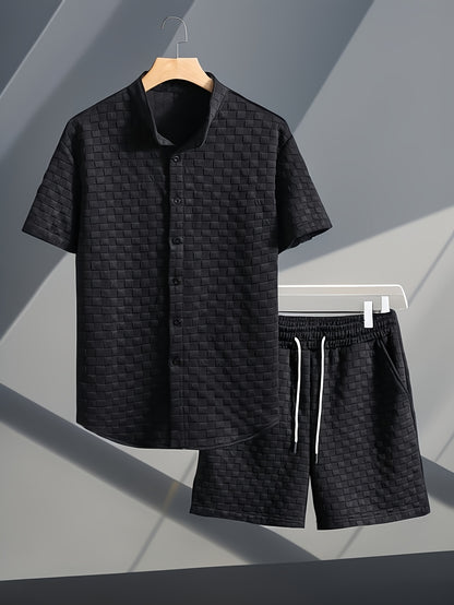 Men's Set Shirt Short Sleeve Shorts Thick Solid Color Knit Jacquard Casual Comfort High-Quality Two-Piece Set
