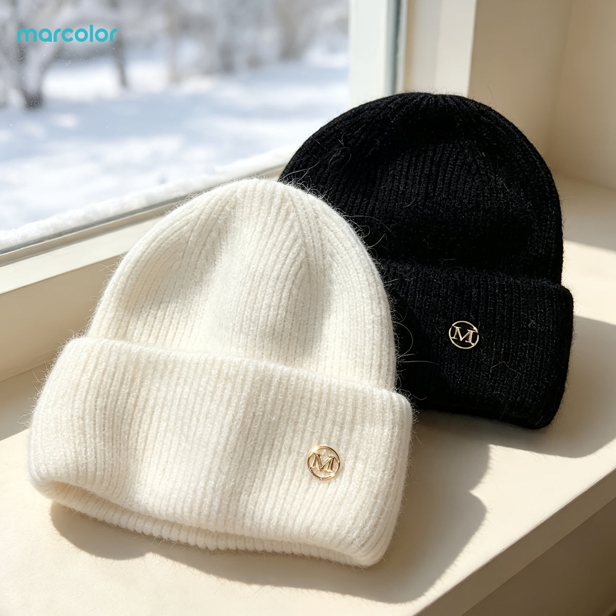 2-Pack Women's Ribbed Knit Beanie Hats with Metal Badge