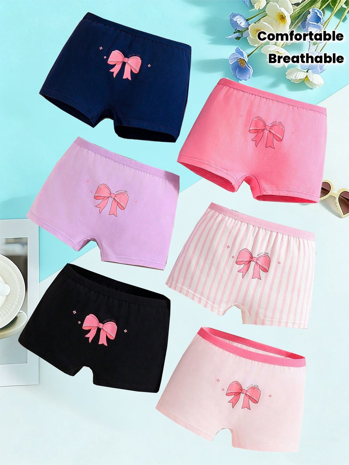 6-Pc Girls' Cotton Cartoon Briefs, Comfortable Mid-Rise Trunks