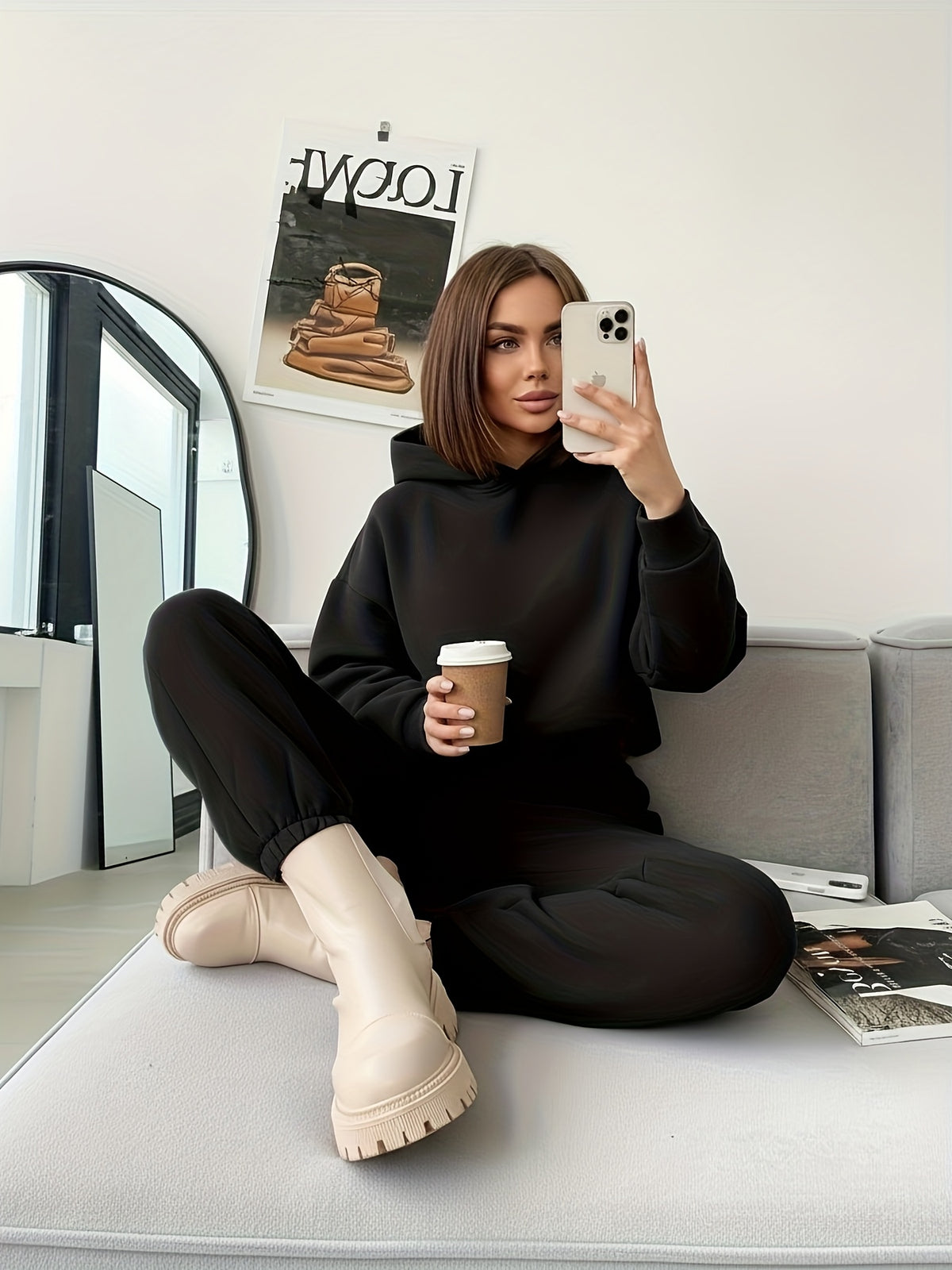 Women's Hooded Fleece-Lined Polyester Pant Set for Fall/Winter - ayq
