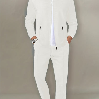 Men's Spring Waffle Knit Sportswear Set, European and American Style Casual Outfit